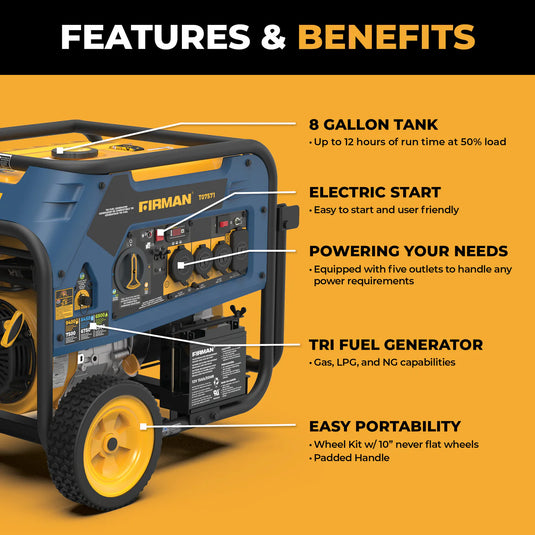 Firman Tri Fuel 7500W Portable Generator Electric Start 120/240V t07571 - Backup Generator Store