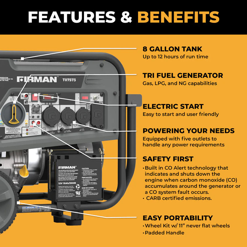 Load image into Gallery viewer, Firman Tri Fuel Portable Generator 9400W Electric Start 120/240V with CO Alert t07573
