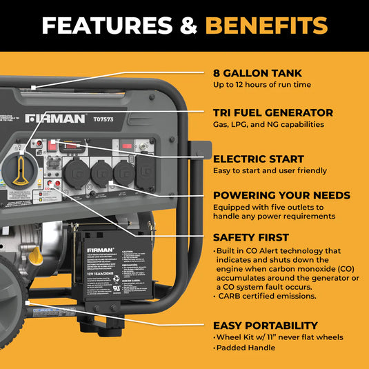 Firman Tri Fuel Portable Generator 9400W Electric Start 120/240V with CO Alert t07573