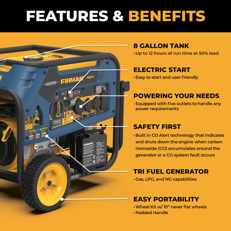 Load image into Gallery viewer, Tri Fuel 8000W Portable Generator Electric Start 120/240V with CO ALERT  t08072 - Backup Generator Store
