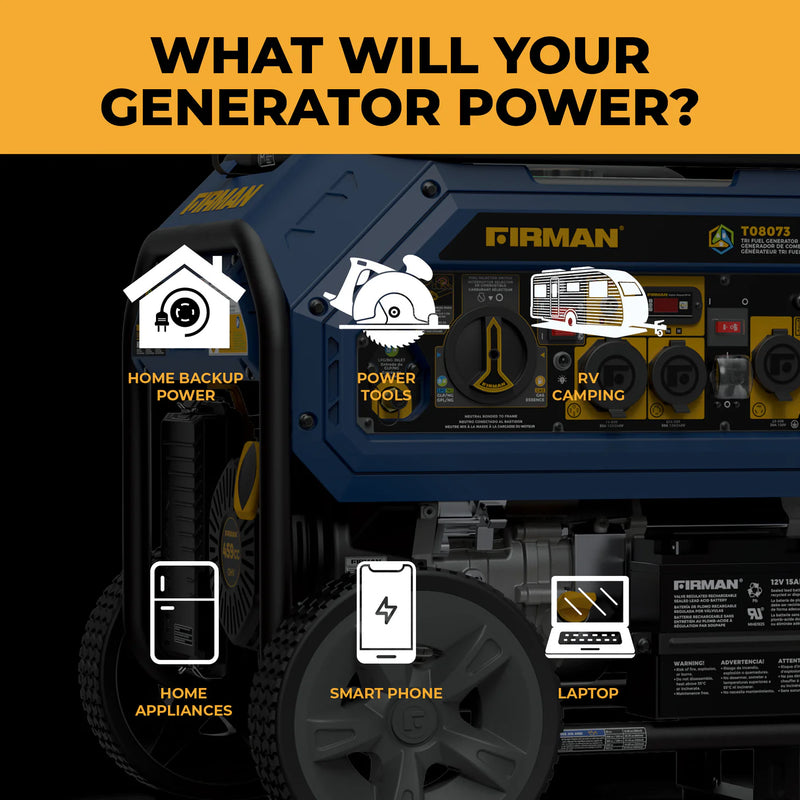 Load image into Gallery viewer, Firman Tri Fuel Portable Generator 10000/8000W Electric Start With CO Alert t08073 - Backup Generator Store
