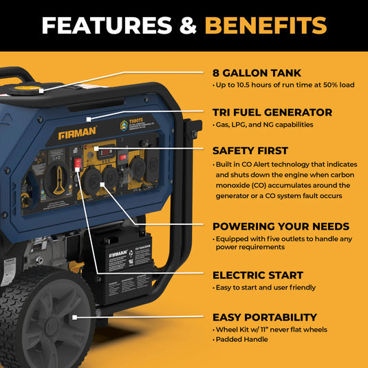 Firman Tri Fuel Portable Generator 10000/8000W Electric Start With CO Alert t08073 - Backup Generator Store