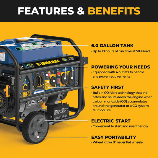 Firman  Tri Fuel Portable Generator 8250/6600W Electric Start Wheel Kit Bonus Cover & Cord CO Alert t08273