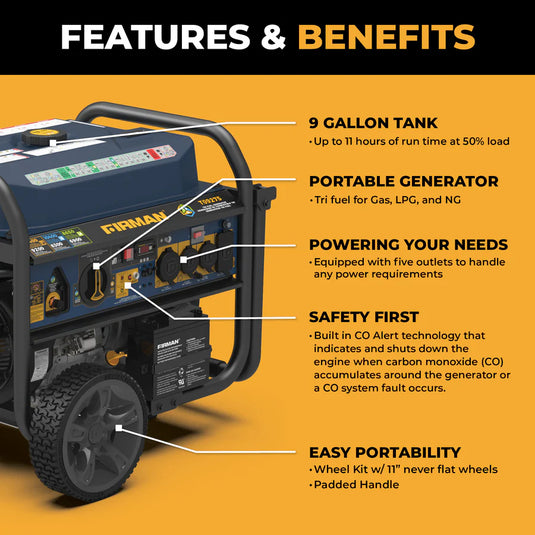Firman Tri Fuel Portable Generator 11400W Electric Start 120V/240V with CO Alert t09275