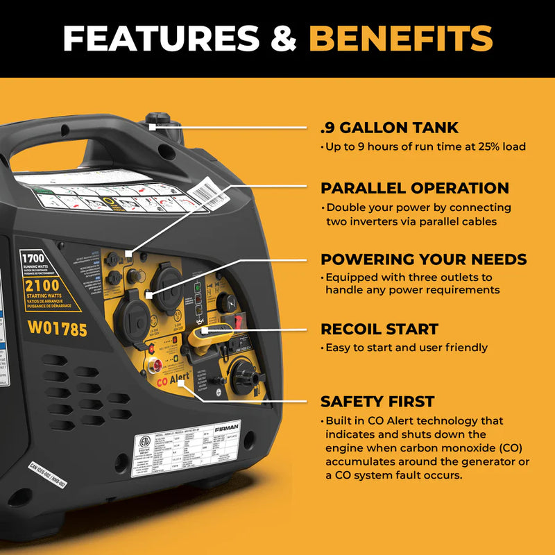 Load image into Gallery viewer, Firman Inverter Portable Generator 2100W Recoil Start with CO Alert W01785
