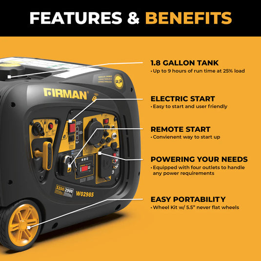 Firman Inverter Portable Generator 3200W Remote Start W02985