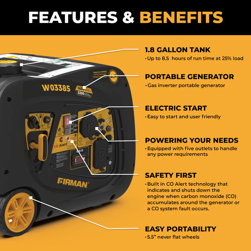 Load image into Gallery viewer, Firman INVERTER PORTABLE GENERATOR 4125W WITH CO ALERT W03385
