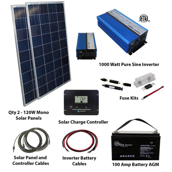 Load image into Gallery viewer, Aims Solar Kit 240 W Solar | 1000 W Pure Sine Inverter | 100 A Battery KITB-1K12120-A1
