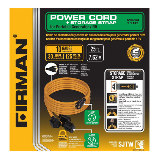 Firman 25' Heavy Duty TT-30P to (3)5-20R Portable Generator Power Cord With Storage Strap - Firman Backup Generator Store