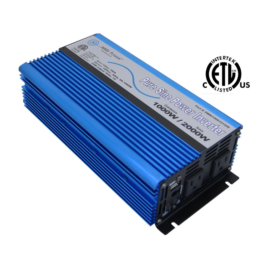 Aims 1000 Watt Pure Sine Power Inverter 12Volt ETL Listed to UL 458 w/ USB Port & Remote Port - Aims Backup Generator Store